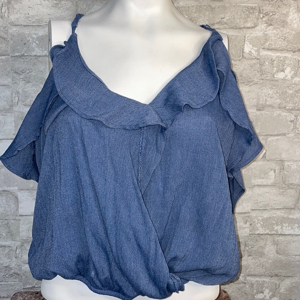 Y2K off the shoulder | blue ruffle denim color shirt | blue blouse XL